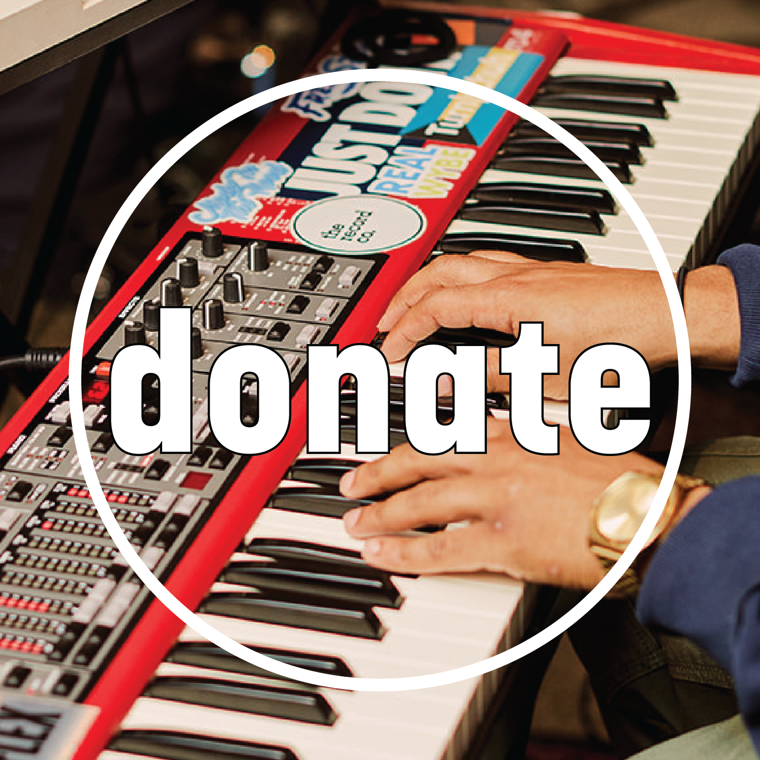 Image of hands on keyboard with circle that reads "donate"